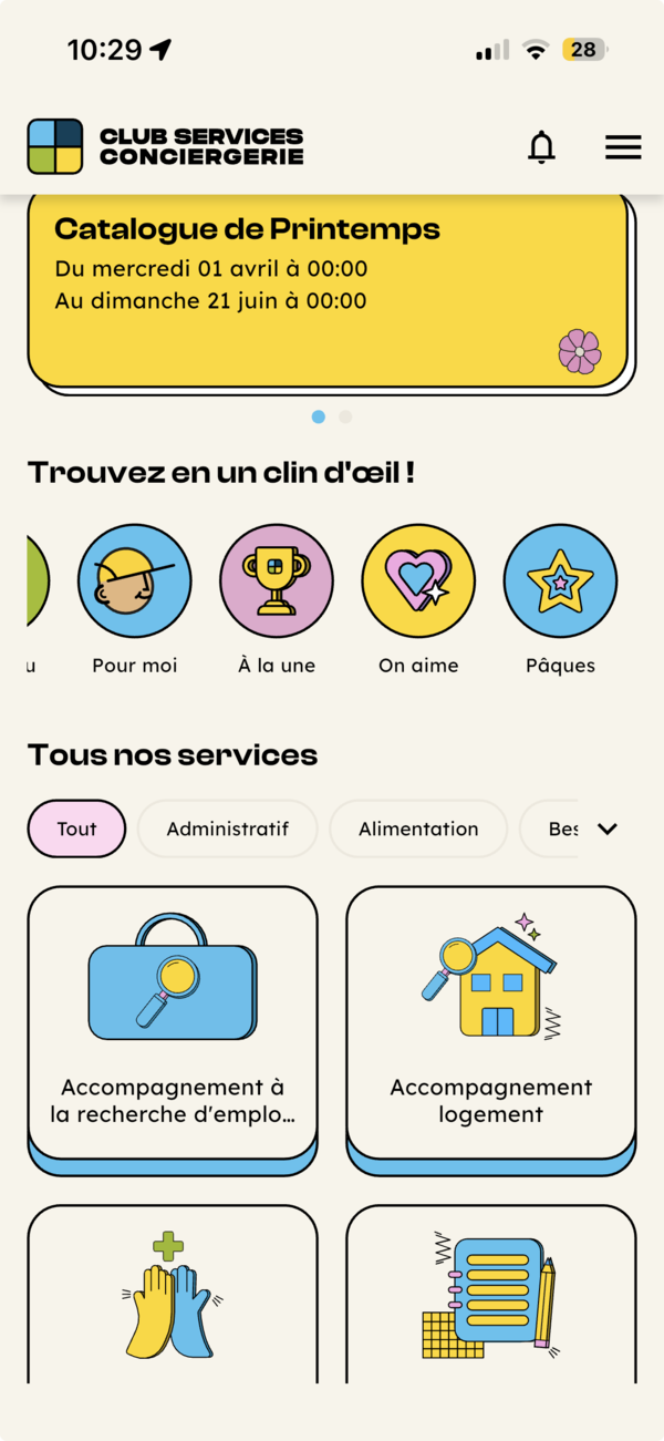 L'application mobile Club Services affichant le catalogue de services